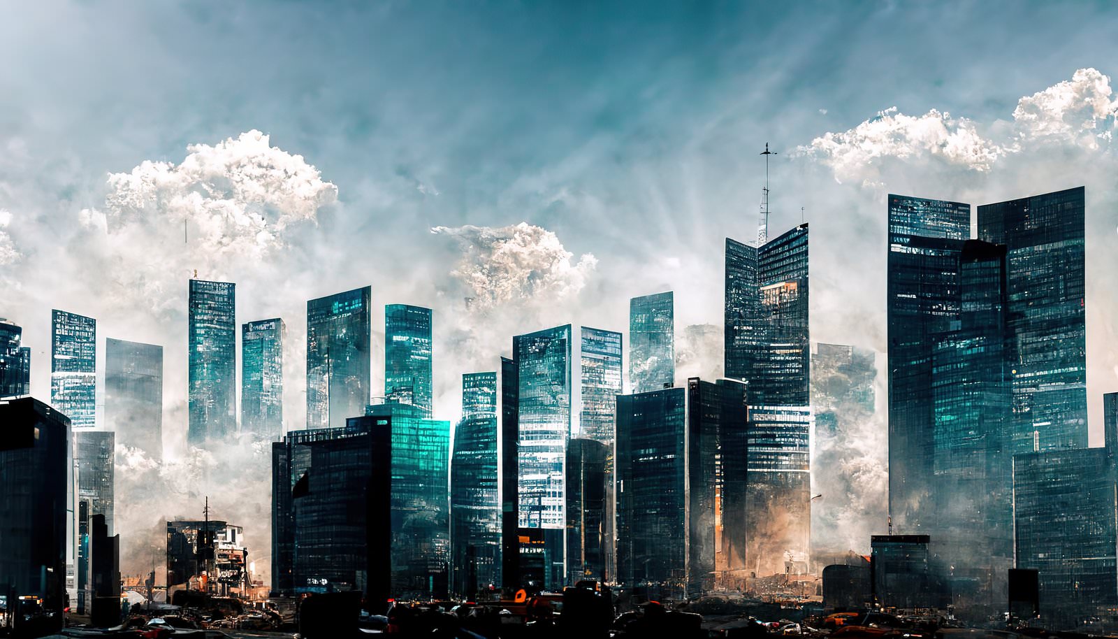 青空と雲を背景にそびえ立つ高層ビル群の都市景観