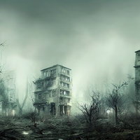 世紀末の都会・崩壊したアパート群と瓦礫の荒廃風景の写真