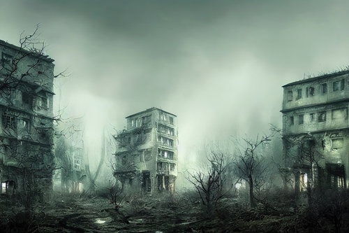 世紀末の都会・崩壊したアパート群と瓦礫の荒廃風景