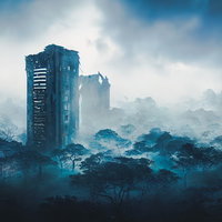 侵略後の荒廃した都市と破壊されたビル群が立ち並ぶ戦災風景の写真