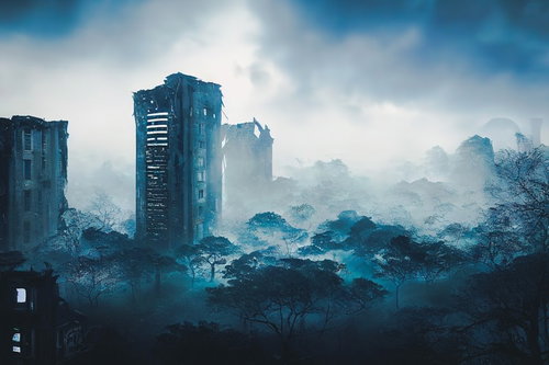 侵略後の荒廃した都市と破壊されたビル群が立ち並ぶ戦災風景