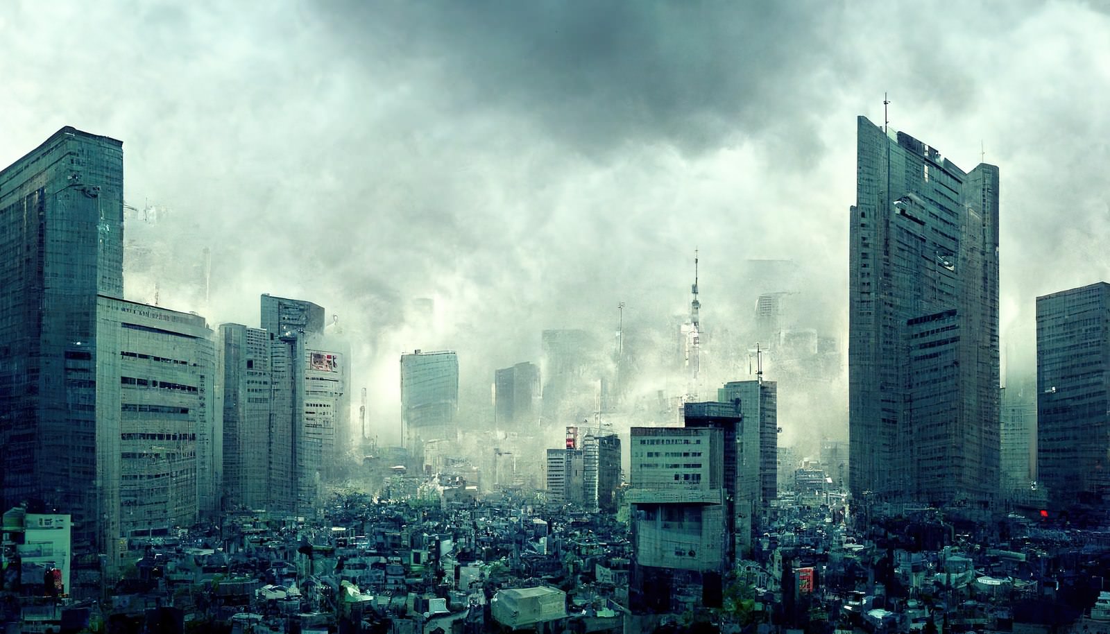 曇り空の下に高層ビルやマンションが立ち並ぶ雑多な都市風景