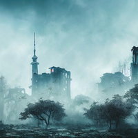 崩れ落ちた建物のコンクリートと霧に包まれた廃墟都市の写真