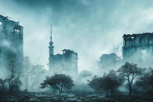 崩れ落ちた建物のコンクリートと霧に包まれた廃墟都市