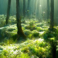 水中に沈む光る森 - 水底に差し込む光と水草の幻想的な風景の写真