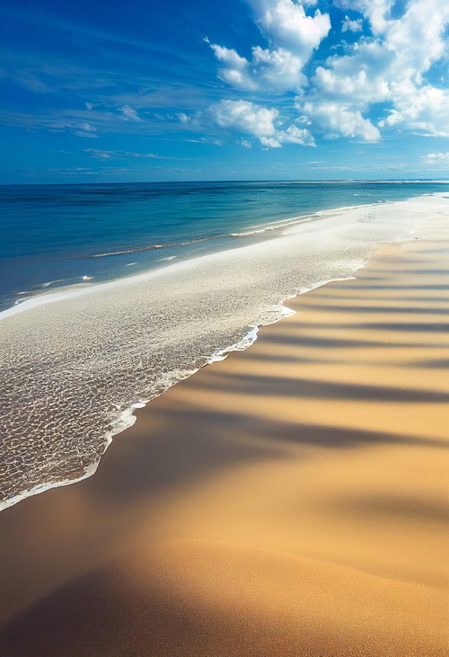 どこまでも続く南国の波打ち際と白い砂浜、青い海