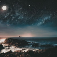 星空と水平線に浮かぶ満月の夜の海岸の写真