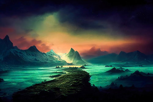 氷河へと続く海岸のファンタジー風景