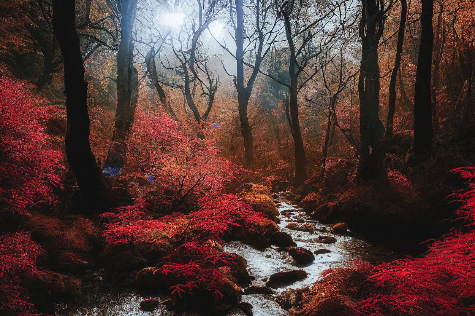 赤く紅葉した木々に囲まれた渓流が流れる秋の森の風景