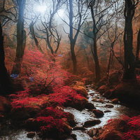 紅葉した森を流れる清流の渓流風景 秋の自然美の写真