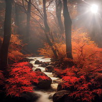 木漏れ日が差し込む紅葉と渓流の秋風景の写真
