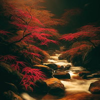 月明りに照らされた渓流沿いの赤紅葉とファンタジー風秋夜景の写真