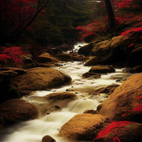 満月が照らす秋の夜間渓流沿いの赤紅葉風景の写真