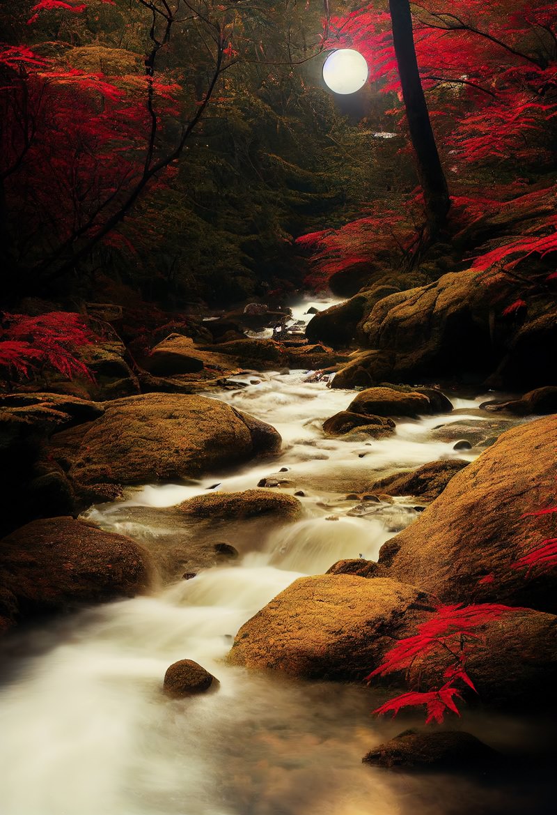 満月の光に照らされた渓流沿いの赤い紅葉の風景