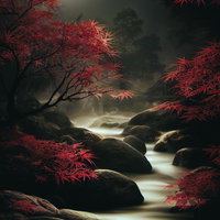 月が照らす夜の赤紅葉と渓流 - ファンタジー背景の写真