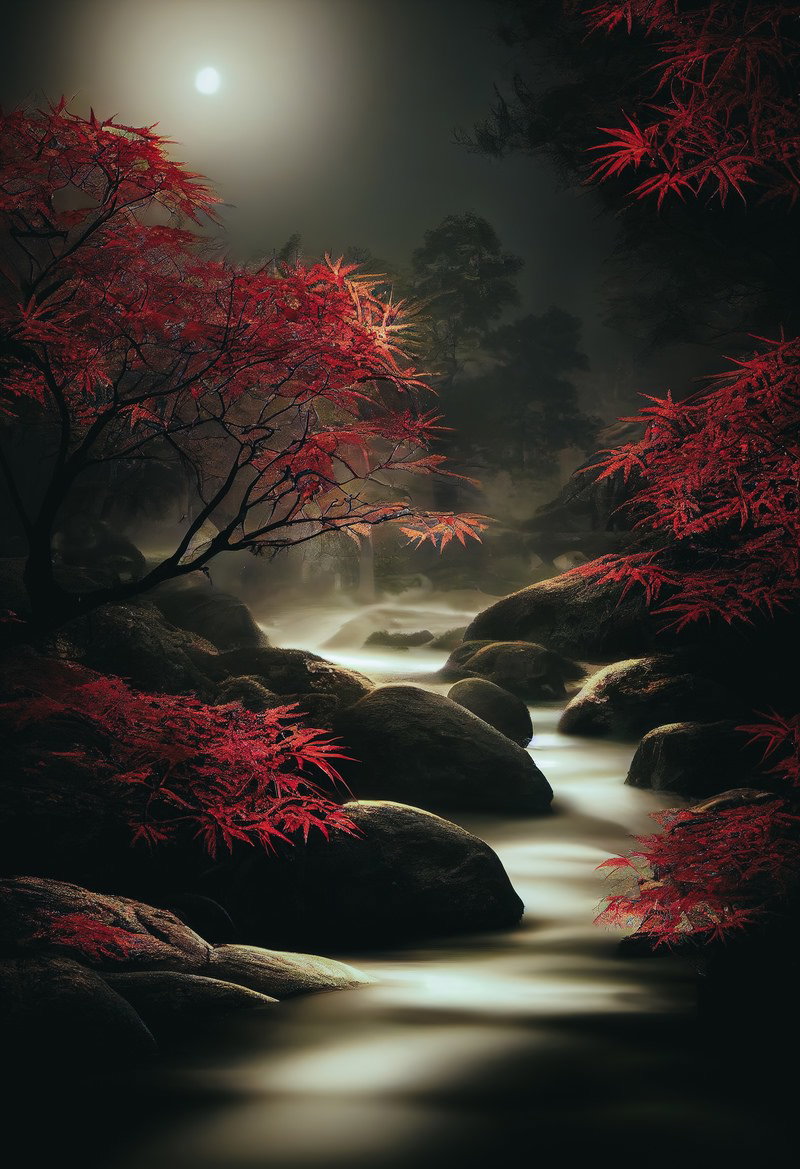 満月の光に照らされた赤い紅葉と渓流が流れる夜の風景