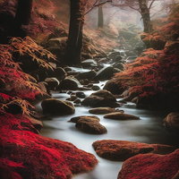 赤で染まる渓流と秋の月明かり、夜の幻想的な自然風景の写真