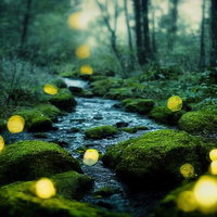 渓流の小川とホタルの光が舞う森～夜間の癒しの自然風景の写真