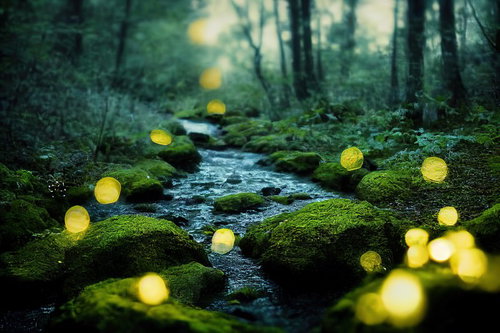 渓流の小川とホタルの光が舞う森～夜間の癒しの自然風景