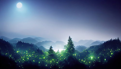 月明かりと森の中で光り輝くホタルの幻想的な光景