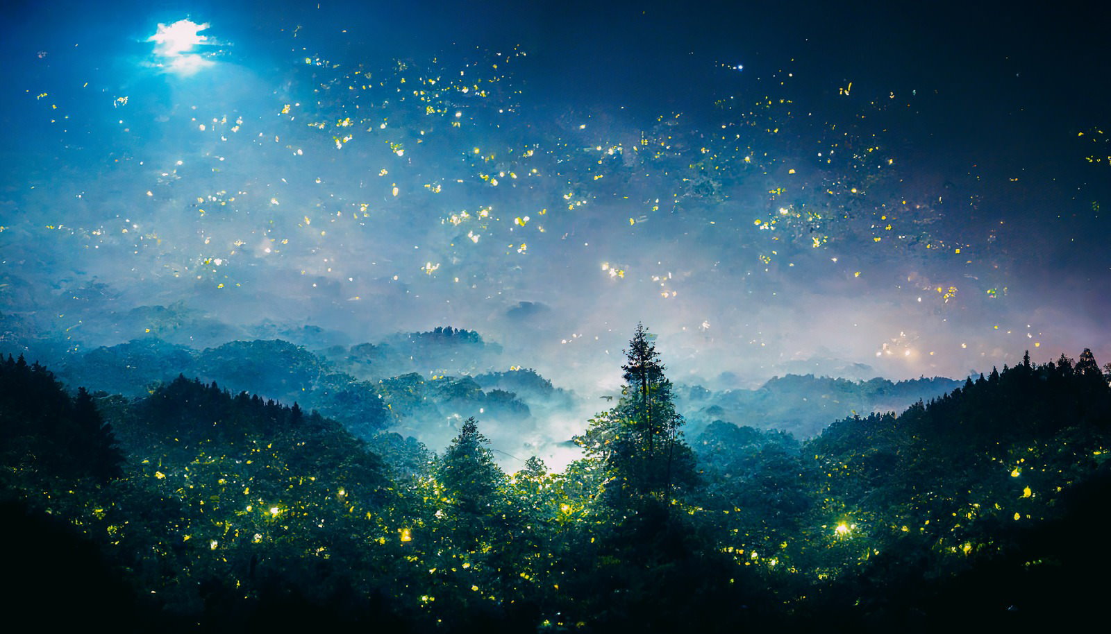 月夜の森で光るホタルと満天の星空が幻想的に輝く風景
