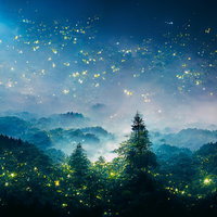 月夜の森で舞うホタルのライトアップ、星空と光の共演の写真