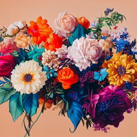 赤やオレンジ、紫、ピンクで彩る鮮やかな花のブーケの写真