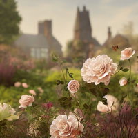 ピンクの薔薇が咲く古典城風のガーデンの写真