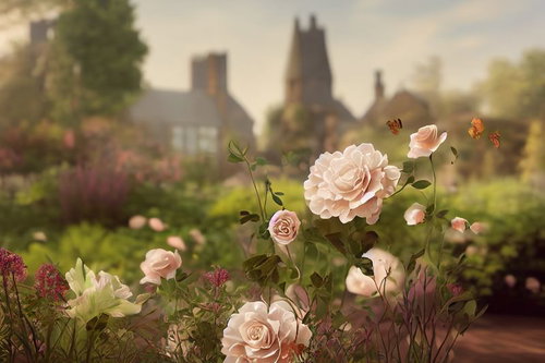 ピンクの薔薇が咲く古典城風のガーデン