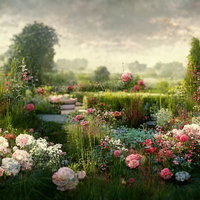 北欧風ガーデニング庭園のバラと花壇のガーデンデザインの写真