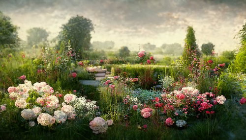 北欧風ガーデニング庭園のバラと花壇のガーデンデザイン