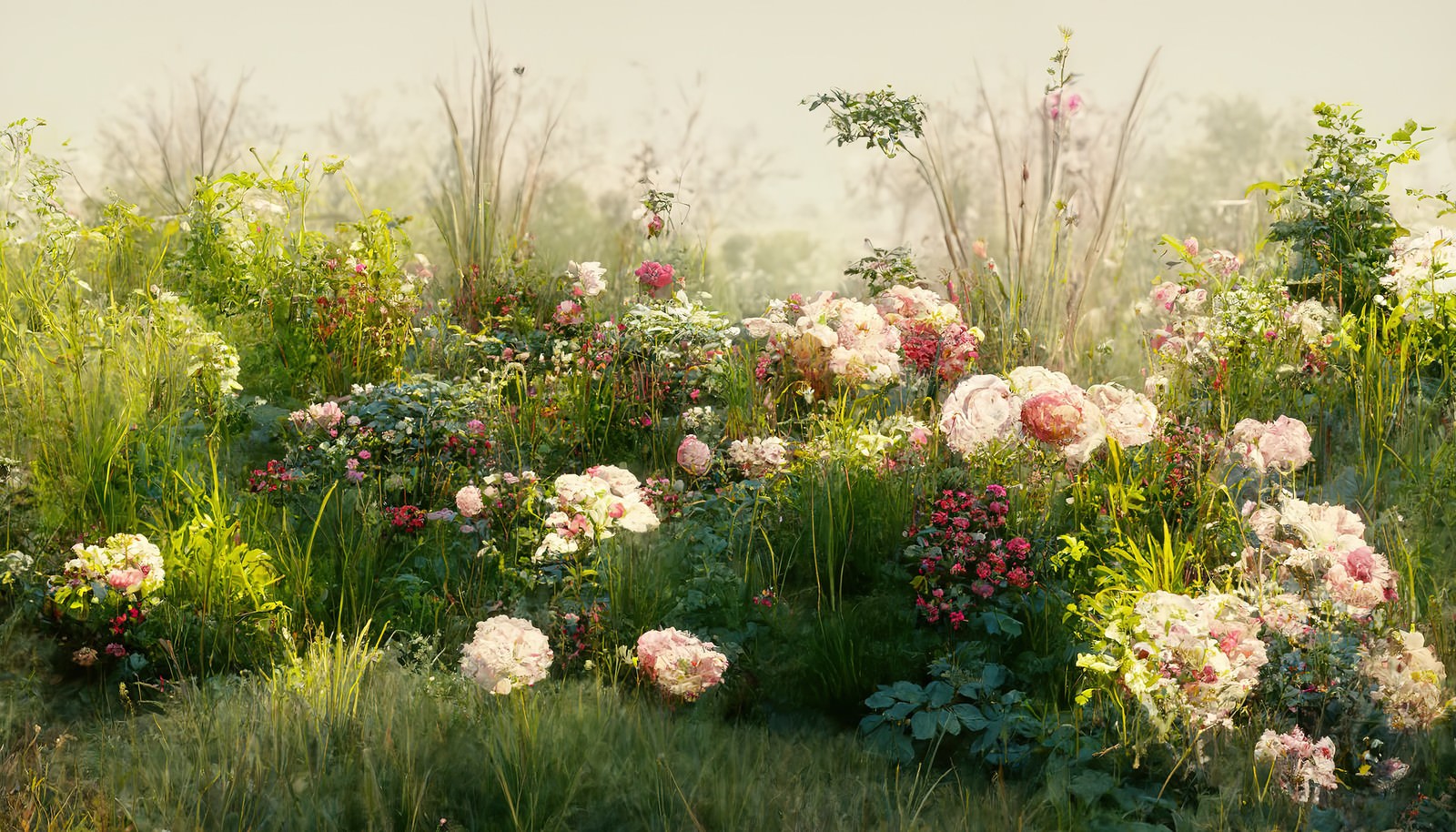 薔薇風の花と緑の草木が植えられた庭の風景