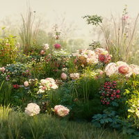 薔薇風の花が咲く緑の草木が生える庭園風景の写真