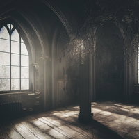 古城の廃墟部屋（薄暗い石造り）の写真