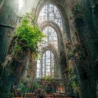 朽ちて植物が伸びる聖堂内の廃墟風光景の写真