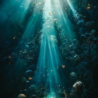 海底の生命に光が差し込む深海の風景の写真