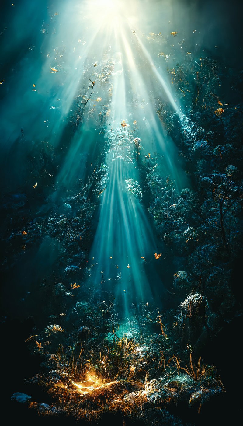 深い青色の海底に上方から光の柱が差し込む幻想的な水中風景