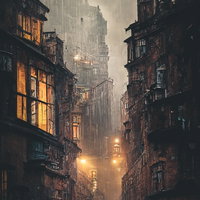 夜の暗い空の下で雨が止まない荒廃した街並みの光景の写真