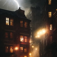 稲光と豪雨が降る住宅街の夜景、暗闇に光る窓明かりの写真