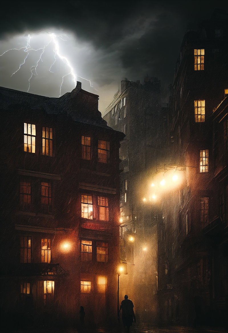 豪雨と稲妻が落ちる住宅街、建物の窓から明かりが見える