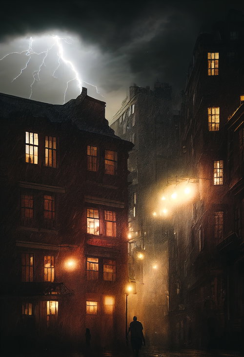 稲光と豪雨が降る住宅街の夜景、暗闇に光る窓明かり