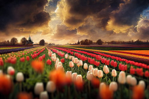 夕焼け空に映える一面のチューリップ畑の春景色