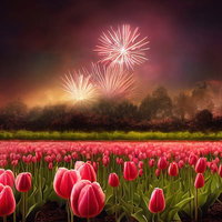 夜空に打ち上がる花火と満開のチューリップ畑の写真