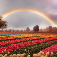虹とチューリップフェアの春の田園風景、カラフルな花畑の写真