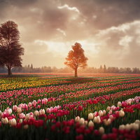 一面に咲くチューリップ畑と一本の楠の夕焼けの写真