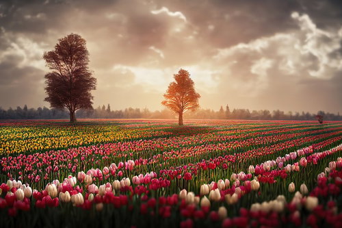 一面に咲くチューリップ畑と一本の楠の夕焼け