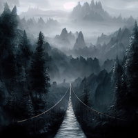 森深くに続く霧に包まれた吊り橋：樹海のファンタジーダンジョン背景の写真