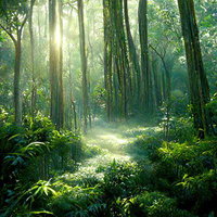 木漏れ日が差す新緑の森の風景：ファンタジー背景の写真