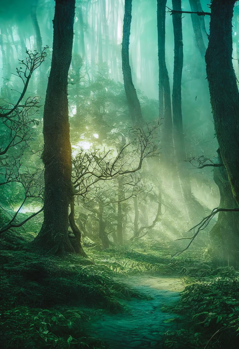 薄緑色の霧に包まれた幻想的な森の中を続く小径
