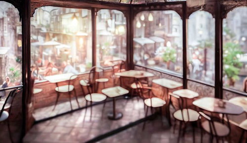 大きな窓から光が差し込む陽気で明るいカフェの店内